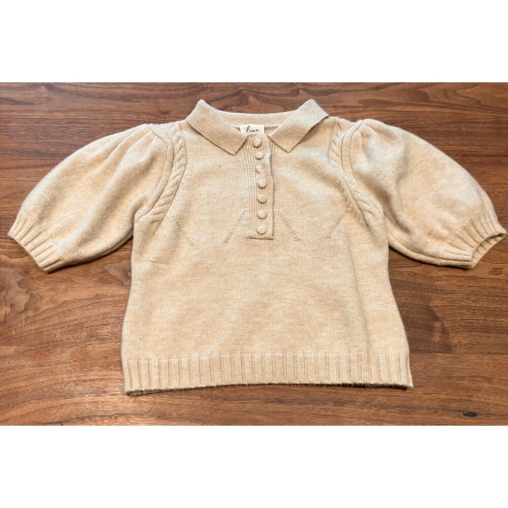 LENA Small Sweater Top Balloon Sleeves Collar Women's Small Beige‎ Buttons